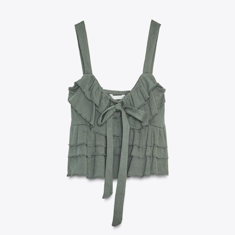 NWT Zara Ruffled & Bow Tie-front Cropped Tank Top In Green - L - Picture 5 of 11